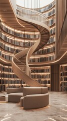 Elegant spiral staircase in a modern library with warm lighting design