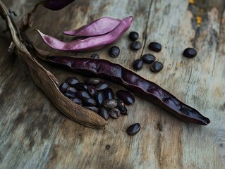 Obraz premium vanilla beans, purple flowers, rustic wood, still life, dark tones, simple composition