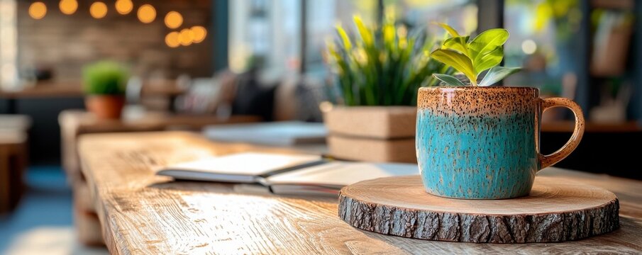 A close-up shot reveals a vibrant turquoise mug, its textured surface hinting at artisan craftsmanship The mug rests gracefully on a rustic wooden slice, highlighting its natural grain A small plant