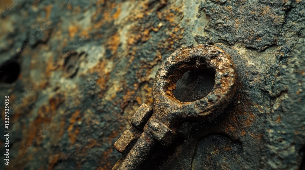Poster close up view of a rusty old key and surface