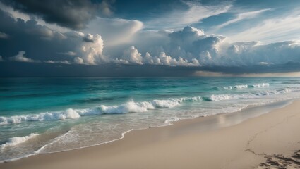 Shore waves and white sand are beneath a dramatic dark cloudy sky during a summer day.