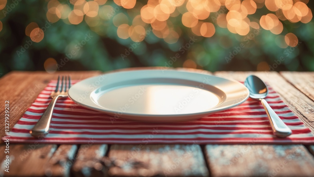 Poster Empty plate with silverware set on a wooden table against a bokeh backdrop.