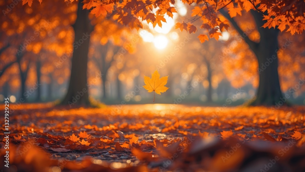 Poster sunny autumn day featuring vibrant orange fall foliage in the park. the ground is blanketed in dry f