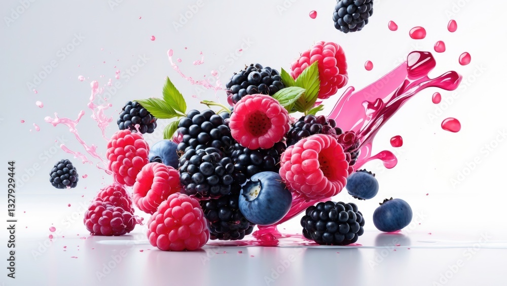 Poster Different berries and juice splashing on a white background