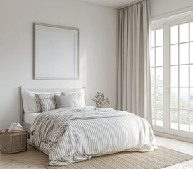 Fototapeta premium Minimalist bedroom interior with large bed, frame, and natural light.