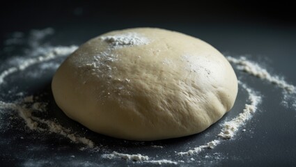 Dough for bread or pizza that has risen or proved on a floured surface, captured from above with natural light (Selective Focus, Focus on the top of the dough)