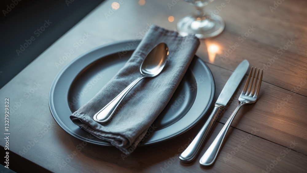 Poster empty plates and cutlery arranged on a tablecloth over a wooden surface for dinner, horizontal top v