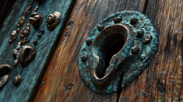 Aged wooden door showing a keyhole and detailed decorative features - Powered by Adobe