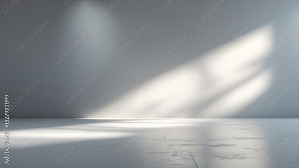 Poster Background shadow with white light on floor, a backdrop mockup featuring sunlight overlay in a nature-inspired room with a cement wall and floor. Abstract blur effect creates a grey minimal platfor...