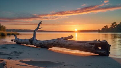 Driftwood resting on the riverbank in the foreground of a stunning sunset landscape.