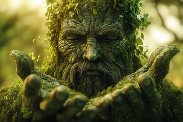 Obraz premium Mystical Forest Guardian with Moss-Covered Face, Ancient Nature Spirit, Enchanted Green Man, Fantasy Mythology, Magical Woodland Being, Earth Protector