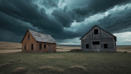 Fototapeta premium Rustic wooden cabin located beneath a dramatic cloudy sky, surrounded by expansive countryside, featuring weathered textures and natural tones.