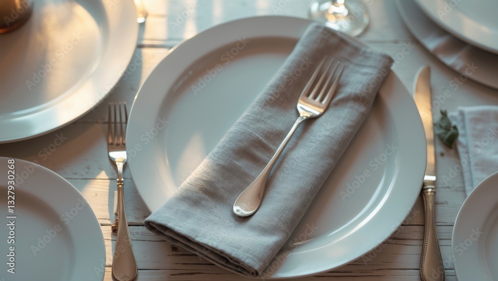 Poster empty plates and cutlery arranged on a tablecloth over a wooden table for dinner. horizontal top vie