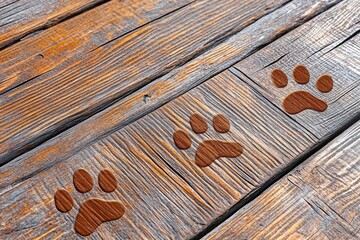 Paw Prints on Rustic Wooden Surface with Textured Grain Detail