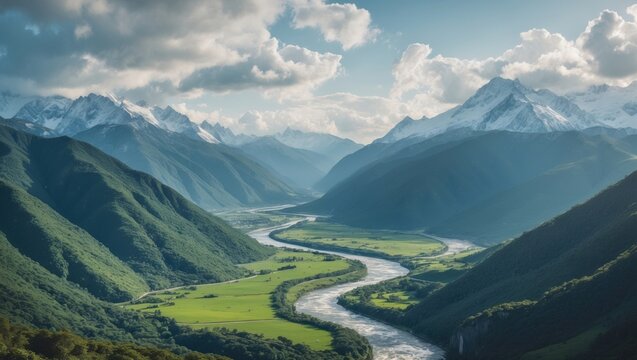 Scenic mountain valley featuring a meandering river and peaks capped with snow.