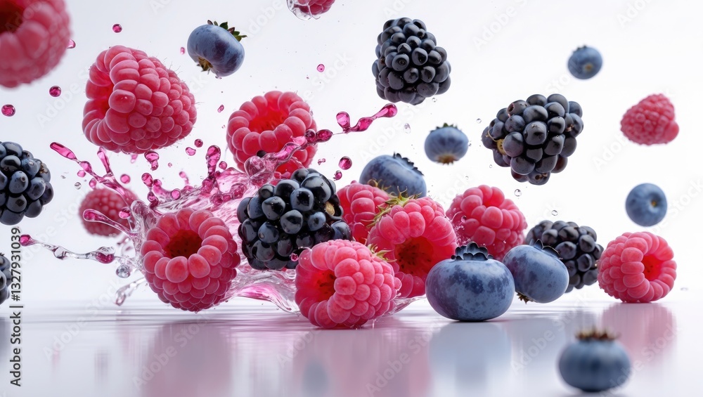 Poster different berries and juice splashing, isolated on a white background.