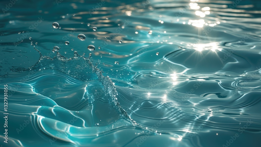 Poster clear water surface with ripple wave splashes and droplets in a swimming pool. abstract turquoise or