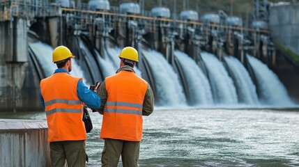 Two engineers inspect a hydroelectric dam with flowing water