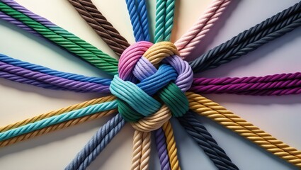Concept of team unity and teamwork as a business metaphor for forming a partnership with diverse ropes interconnected as a corporate symbol for collaboration and cooperative work.