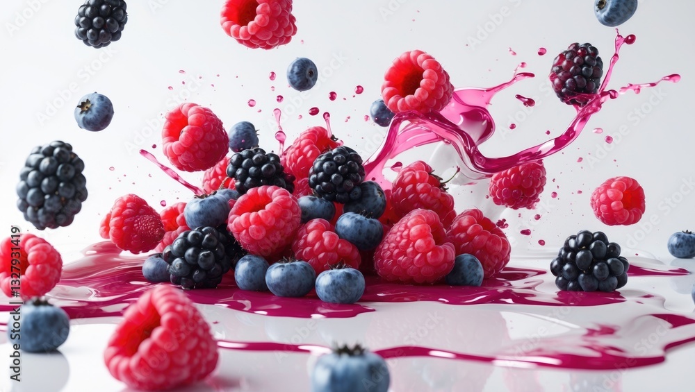 Poster different berries and juice splashing isolated on white