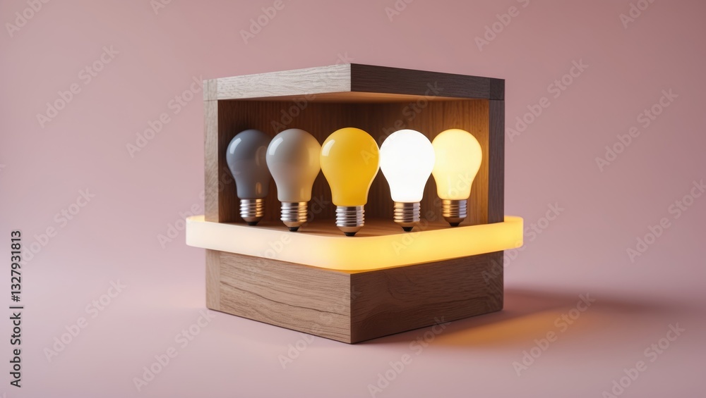 Poster yellow light bulb gradually illuminates icon on a wooden cube block in the loading progress bar agai