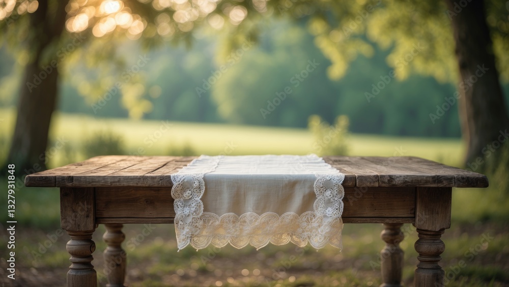 Poster Empty rustic table set against a countryside backdrop. Concept of product display and picnic.