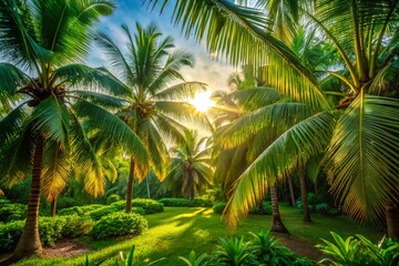Obraz premium Lush Green Palm Trees in Tropical Paradise: Serene Low Light Photography