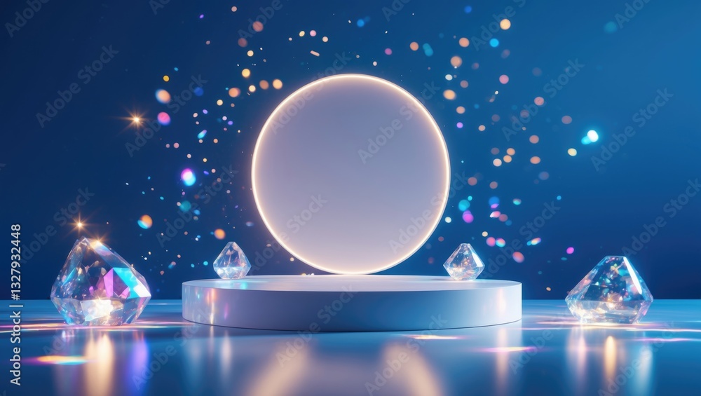 Poster abstract minimal scene - vacant stage, circular podium in the background with crystal light refracti