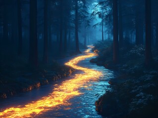 Obraz premium glowing river, forest, night, orange, magical, atmospheric