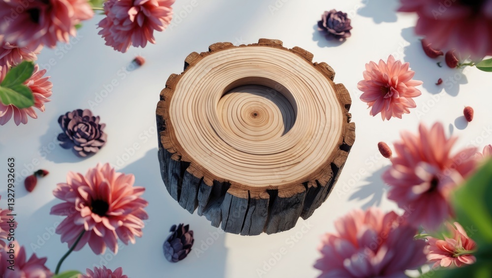 Poster Design concept - overhead view of circular wood element with annual ring suspended in air on a white backdrop for mockup, it's an authentic image.