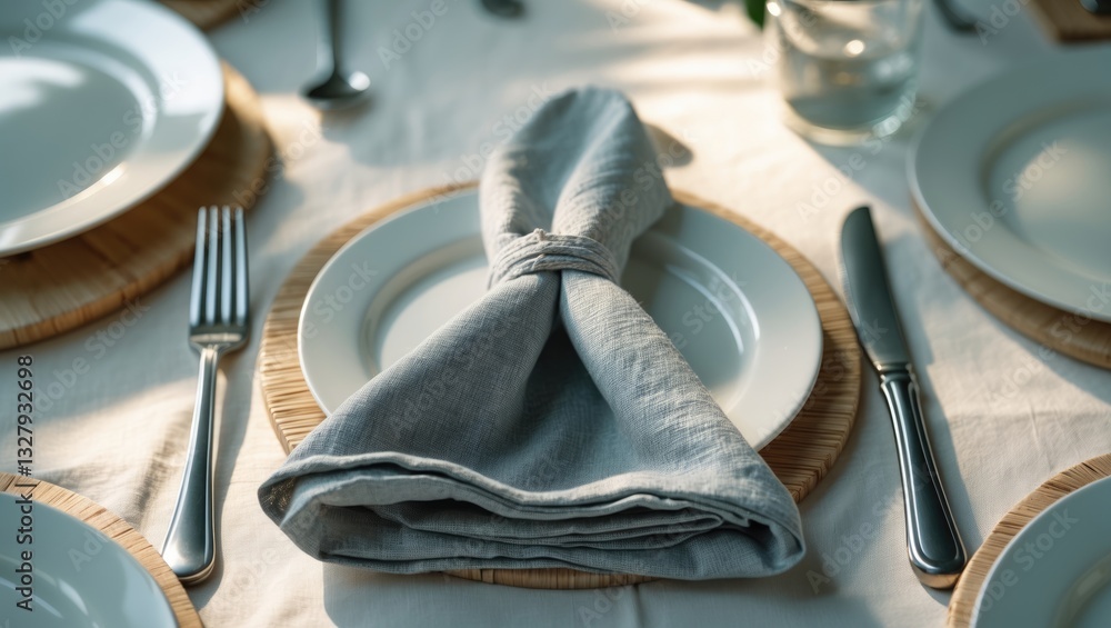 Poster empty plates and cutlery arranged on a tablecloth over a wooden table for dinner. horizontal top vie