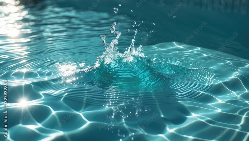 Poster Clear water surface with ripple wave splashes and droplets in a swimming pool. Abstract texture of turquoise or blue water wave and reflections of sunlight for background.