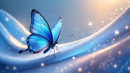 Blue Spiritual Sparkle Butterfly Message Banner - broad, flowing, glittering shimmer banner featuring a stunning single winged butterfly advancing toward light and space