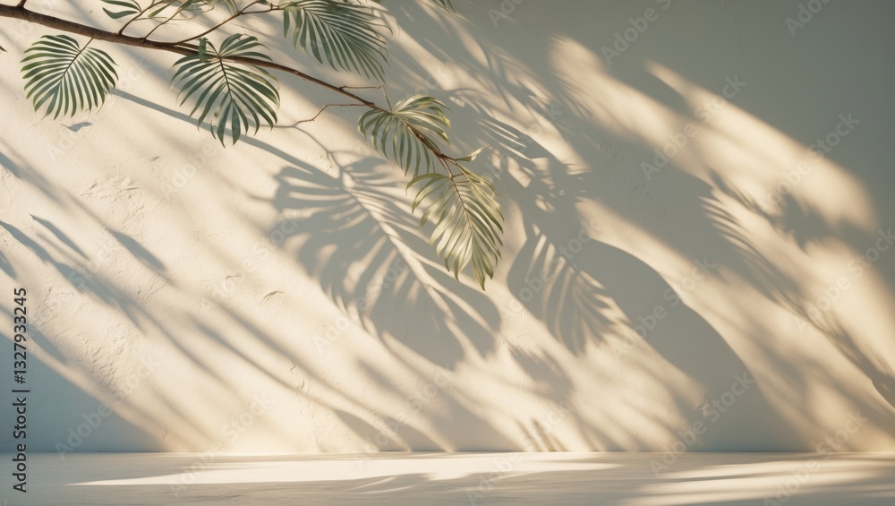 Poster leaf shadows and light cast on a wall background. tropical nature leaves from tree branches and plan