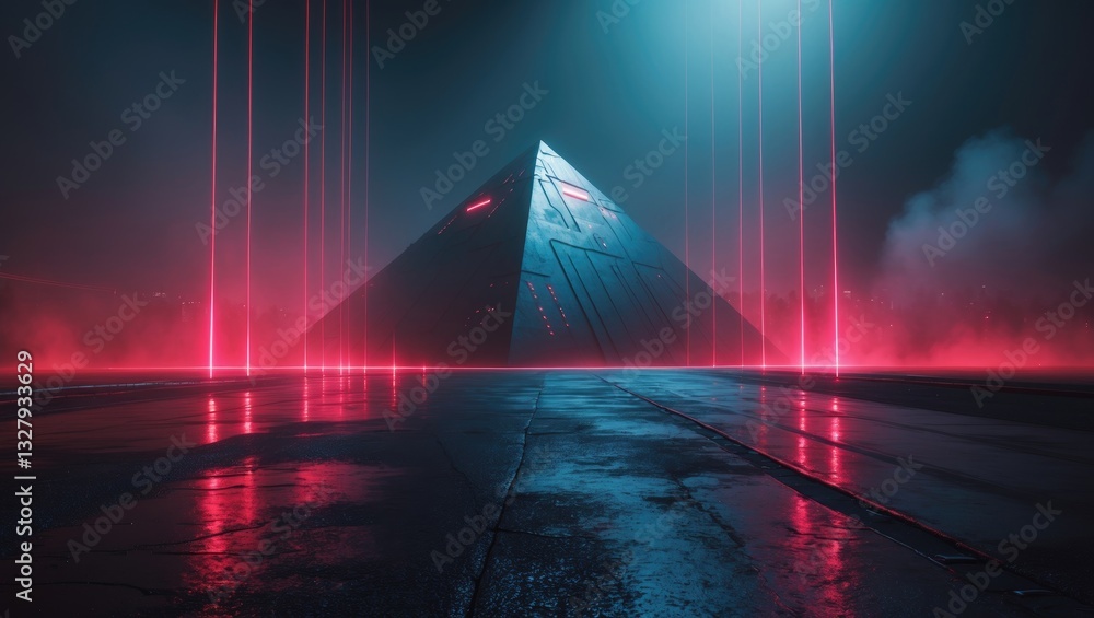 Poster dark street, neon light reflections on wet asphalt. light rays and red laser beams in the darkness. 