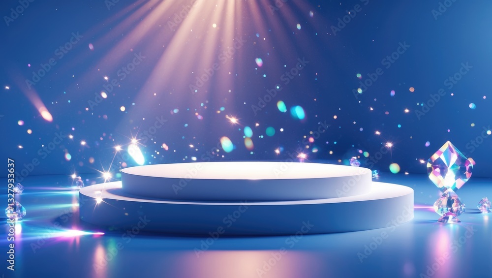 Poster abstract minimal scene - vacant stage with a circular podium in the background featuring crystal lig