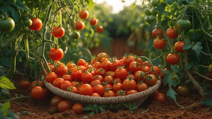 Different tomatoes in baskets alongside the greenhouse. Harvesting of tomatoes.
