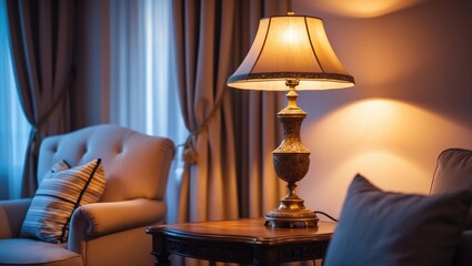 An ambient lighting setup in the living room featuring a classic decorative table lamp with a shade positioned next to the sofa.