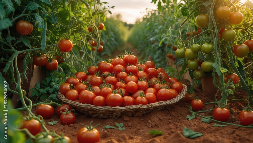 Poster different varieties of tomatoes in baskets by the greenhouse. collecting tomatoes.