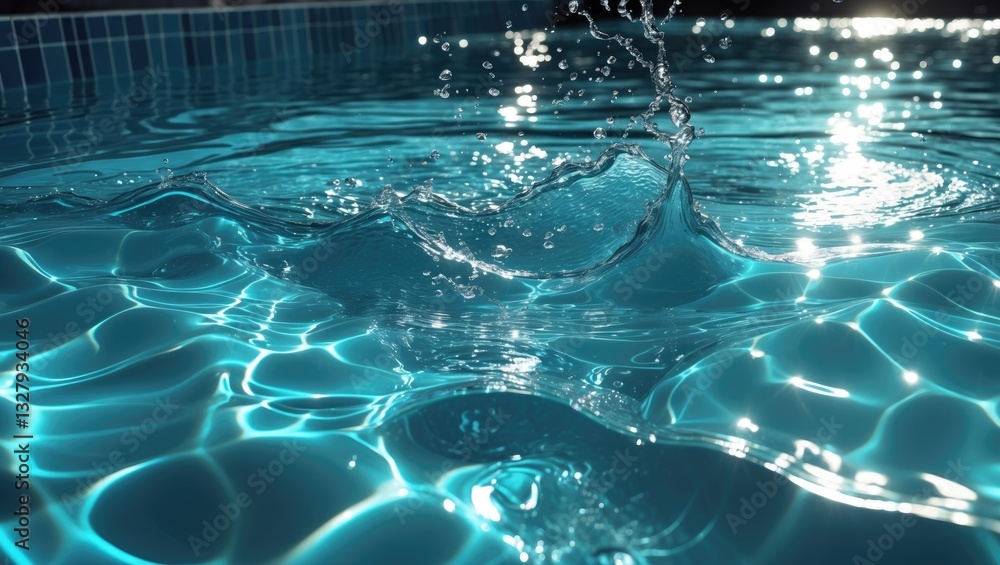 Poster clear water surface featuring ripple wave splashes and drops in a swimming pool. abstract turquoise 