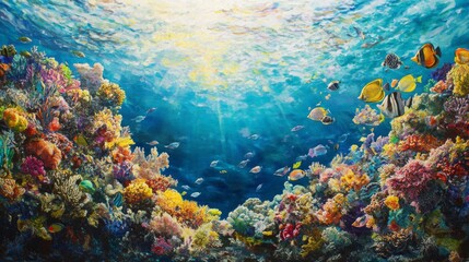 Fototapeta na wymiar Vibrant Coral Reef Underwater Scene with Colorful Fish