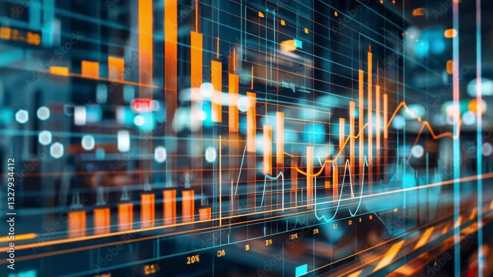 Poster dynamic digital display of financial data glowing graphs and charts illustrating market trends and a