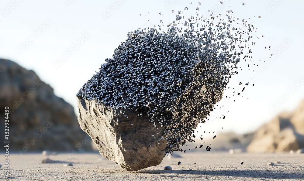 Poster a large rock disintegrating into numerous small square particles