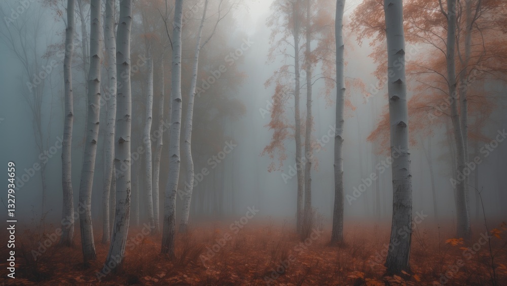 Poster deep mist in autumn birch forest
