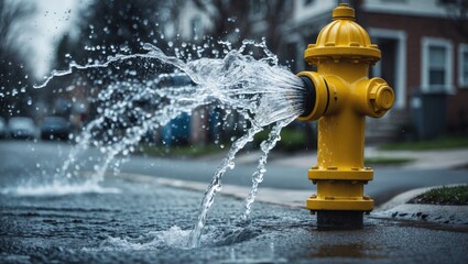 Yellow fire hydrant wide open, spraying water onto the street with a slightly grainy effect as the water cascades back down over the pavement.