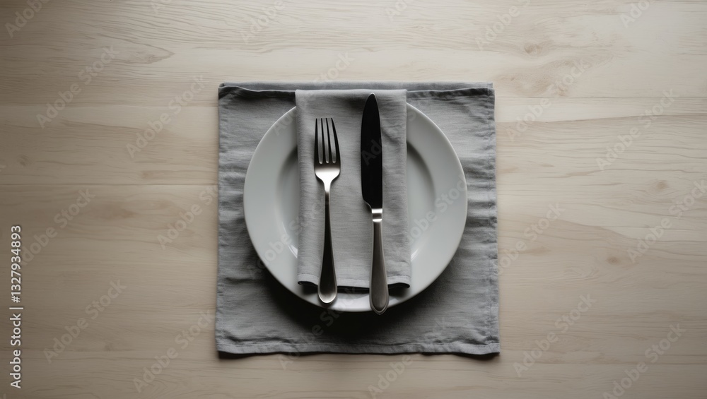 Poster Empty table with cutlery arranged on a tablecloth over a wooden surface for dinner. Flat mock-up for design. Square top view.