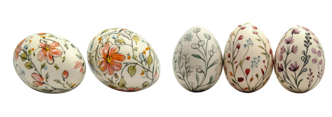 A collection of hand-painted Easter eggs with delicate floral patterns in soft pastel colors, featuring botanical designs, isolated on a transparent background.