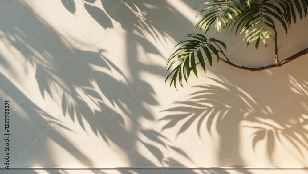 Poster leaf shadow and light on wall background. tropical plant leaves and tree branch create shades with d