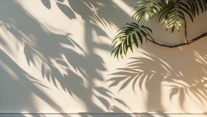 Leaf shadow and light on wall background. Tropical plant leaves and tree branch create shades with dappled sunlight on white wall texture for background wallpaper, shadow overlay effect.