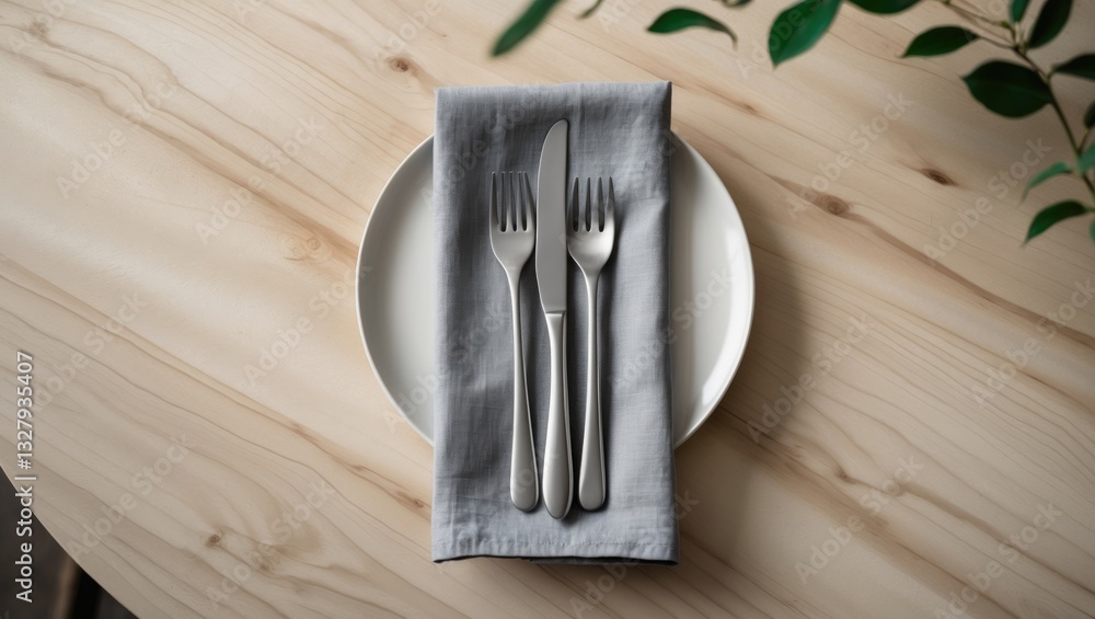 Poster Empty desk and cutlery arranged on a tablecloth atop a wooden table for dinner. Flat design mock-up. Top view square.